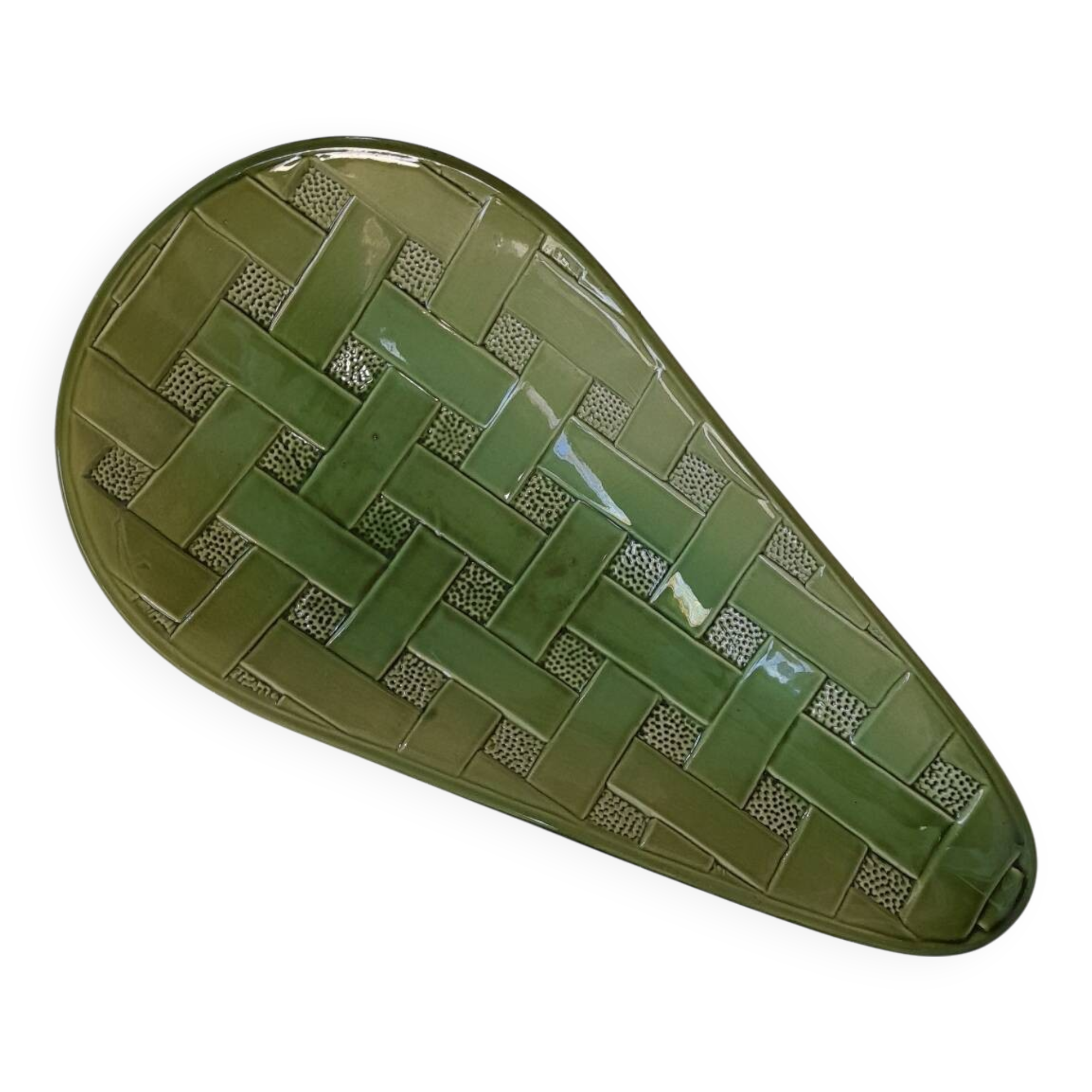 Large olive green Keralux Boch earthenware dish