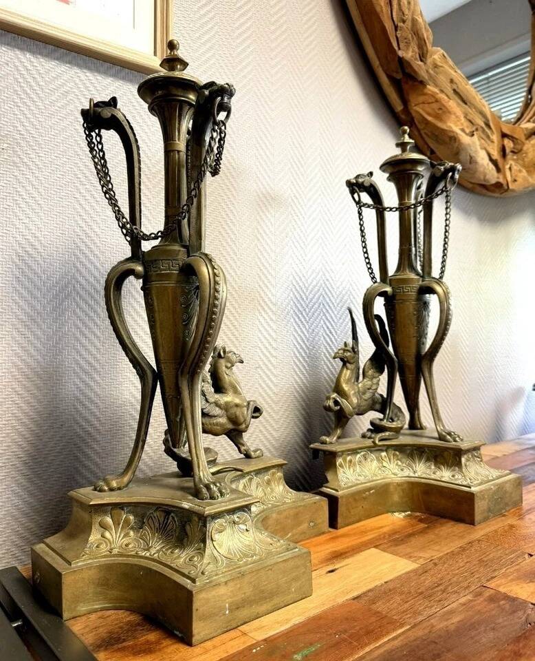 Pair of very large castle andirons in gilded bronze from the Napoleon III period