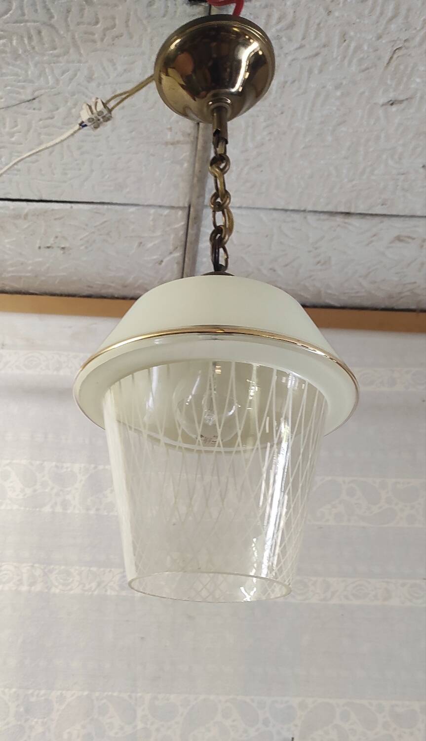 Vintage pendant light in glass and gold metal - 1960s