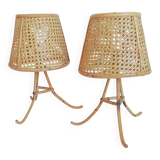 Mid-Century Bamboo and Cane Pair of Large Table Lamps By Louis Sognot, 1970s