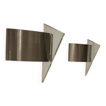 Pair of vintage wall lights in brushed metal and glass, France, 1970.