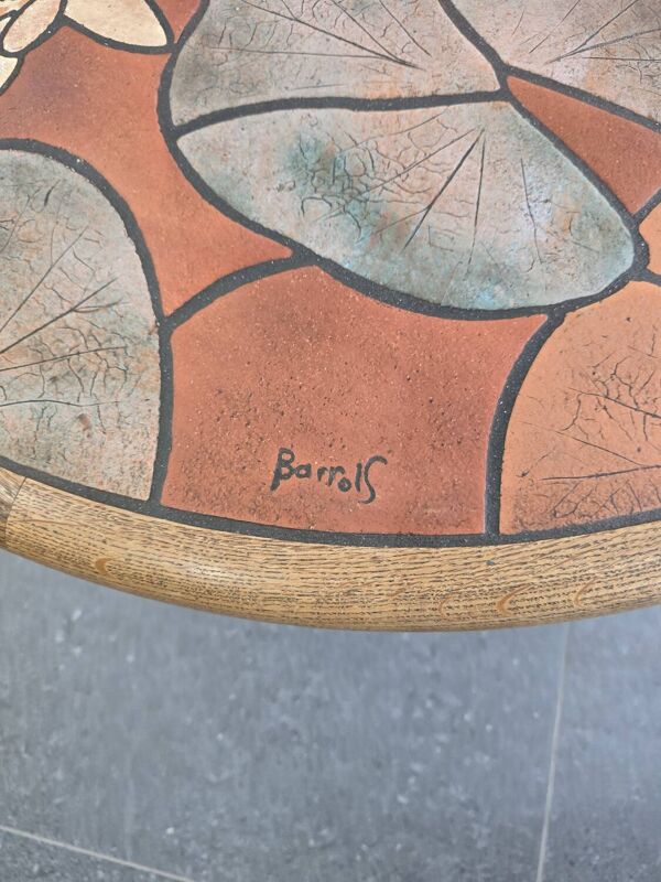 Table basse vintage- Signé Barrois en céramique émaillée et bois – Déc