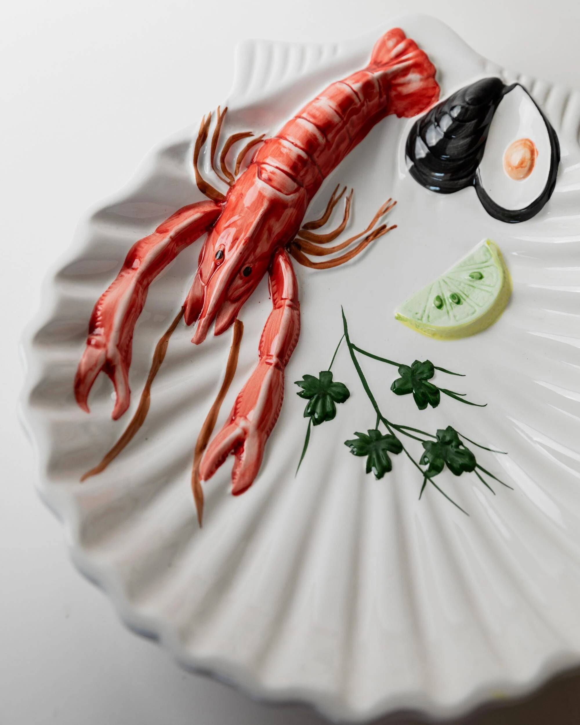 Vintage ceramic serving dish from the 1980s, hand-painted lobster design.