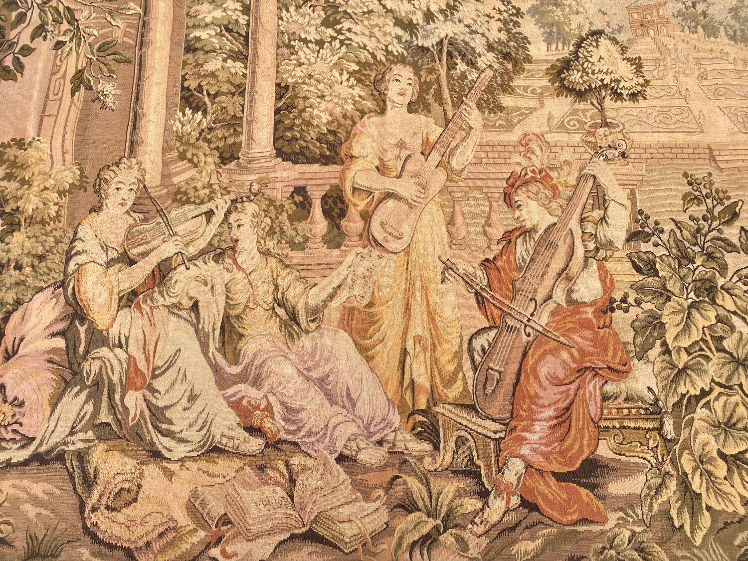 Large Aubusson-style wall tapestry with a musical scene.