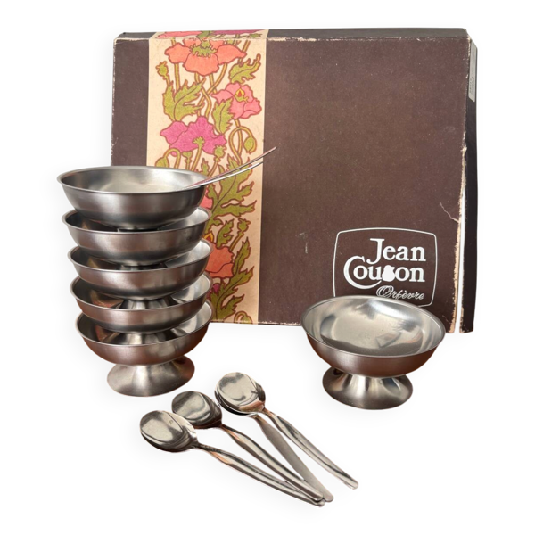 Coffret vintage Jean Couzon 6 coupes à glace inox et cuillères bistro