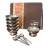 Vintage Jean Couzon box with 6 stainless steel ice cream bowls and bistro spoons.