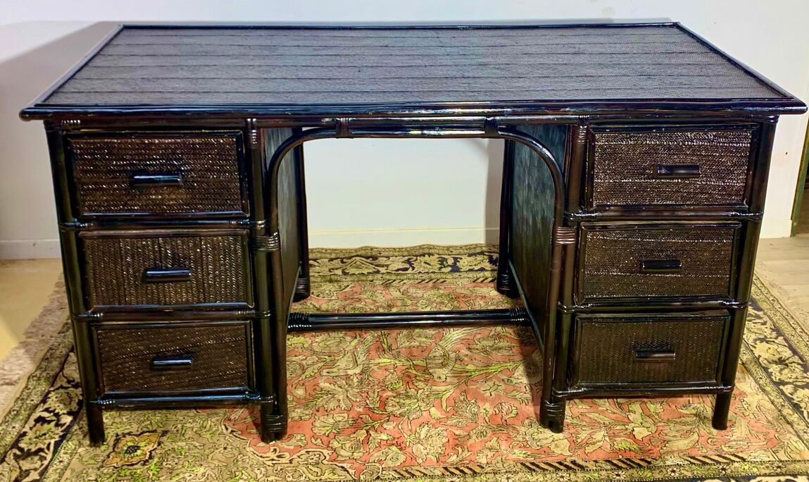 Desk and office chair in bamboo and black lacquered rattan, 60s, 70s