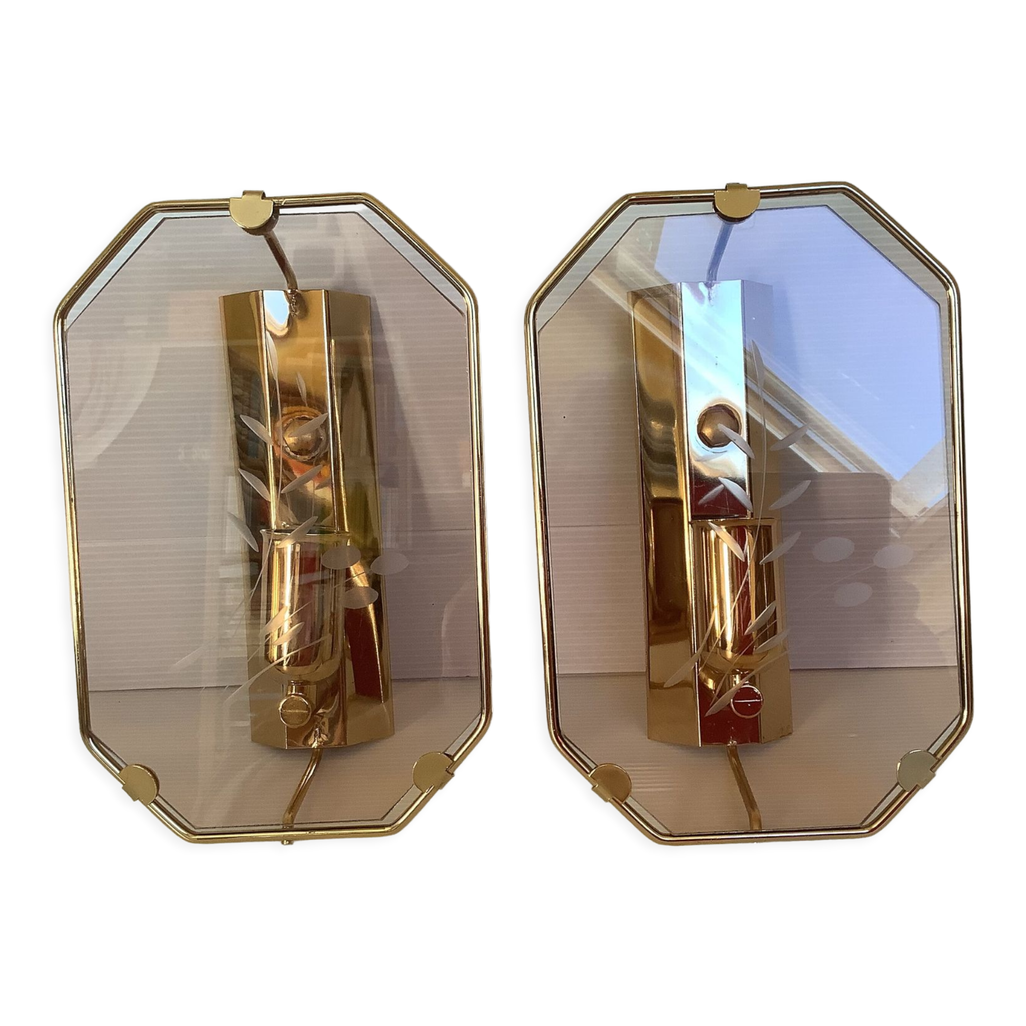 Pair of old brass wall lamps cut glass