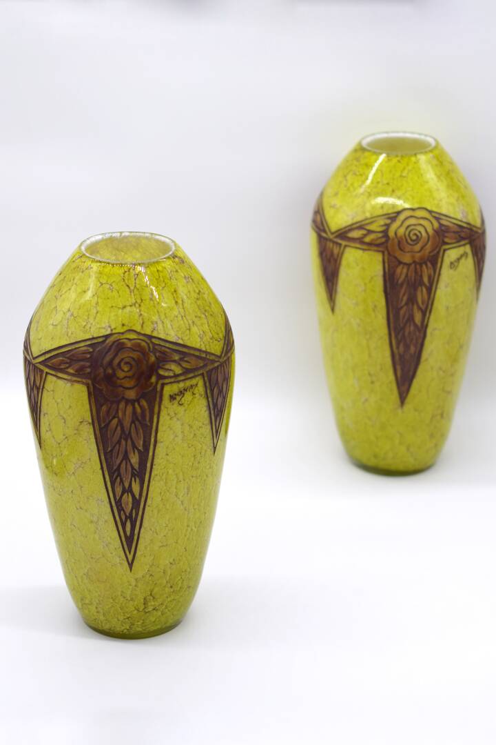 Set 2 Rare Vase Ovoïde signé F-T Legras Pare de verre Art deco 1930