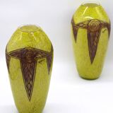Set 2 Rare Vase Ovoïde signé F-T Legras Pare de verre Art deco 1930