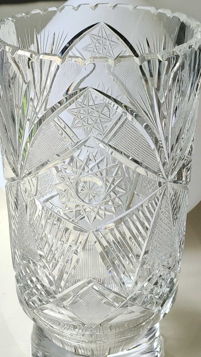 Vintage Bohemian crystal vase, sophisticated, geometric star patterns, high 25 cm