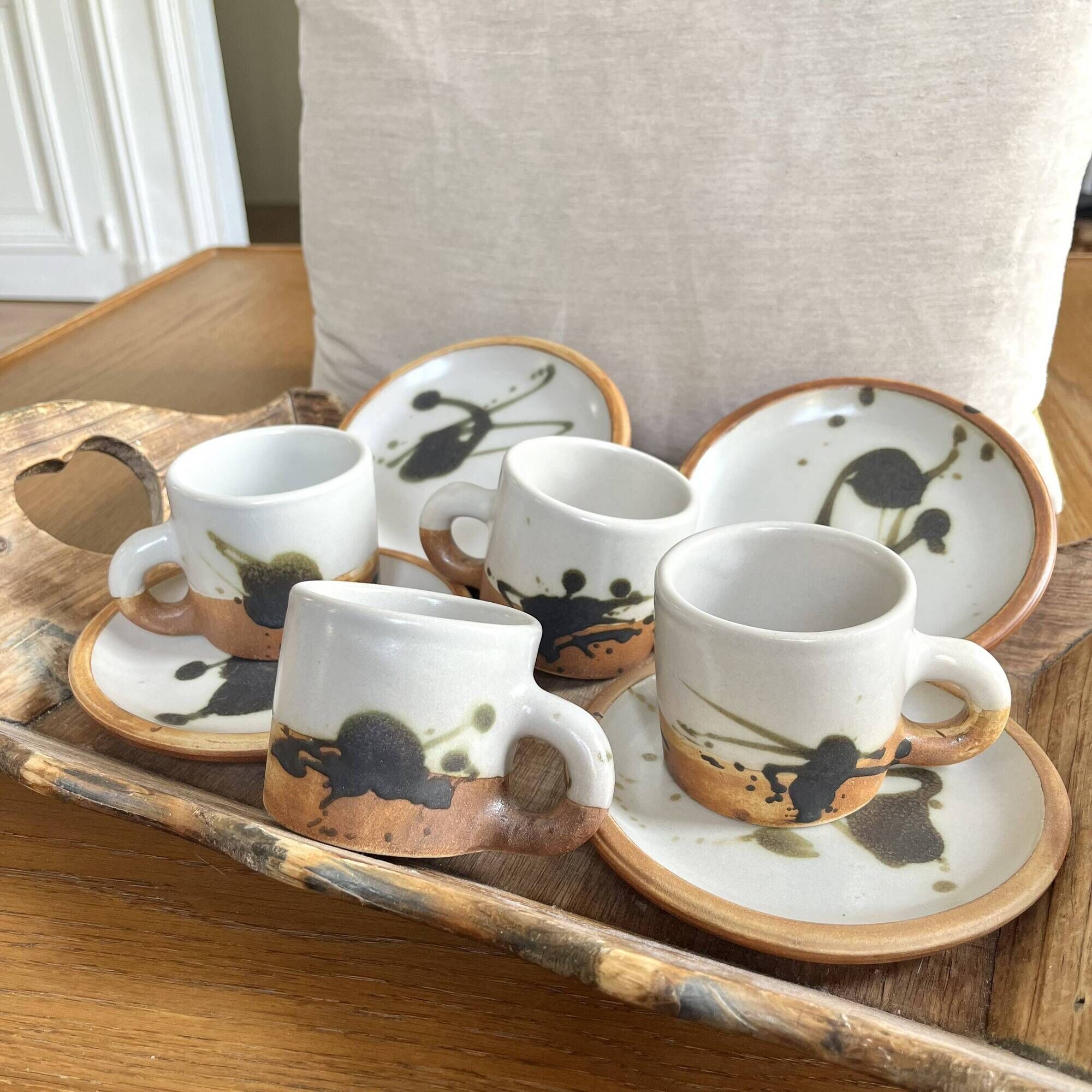 Coffee cups and plates Poterie de La Colombe tachist stoneware 50/60