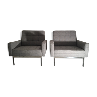 Pair of 2 Florence Knoll armchairs in grey fabrics