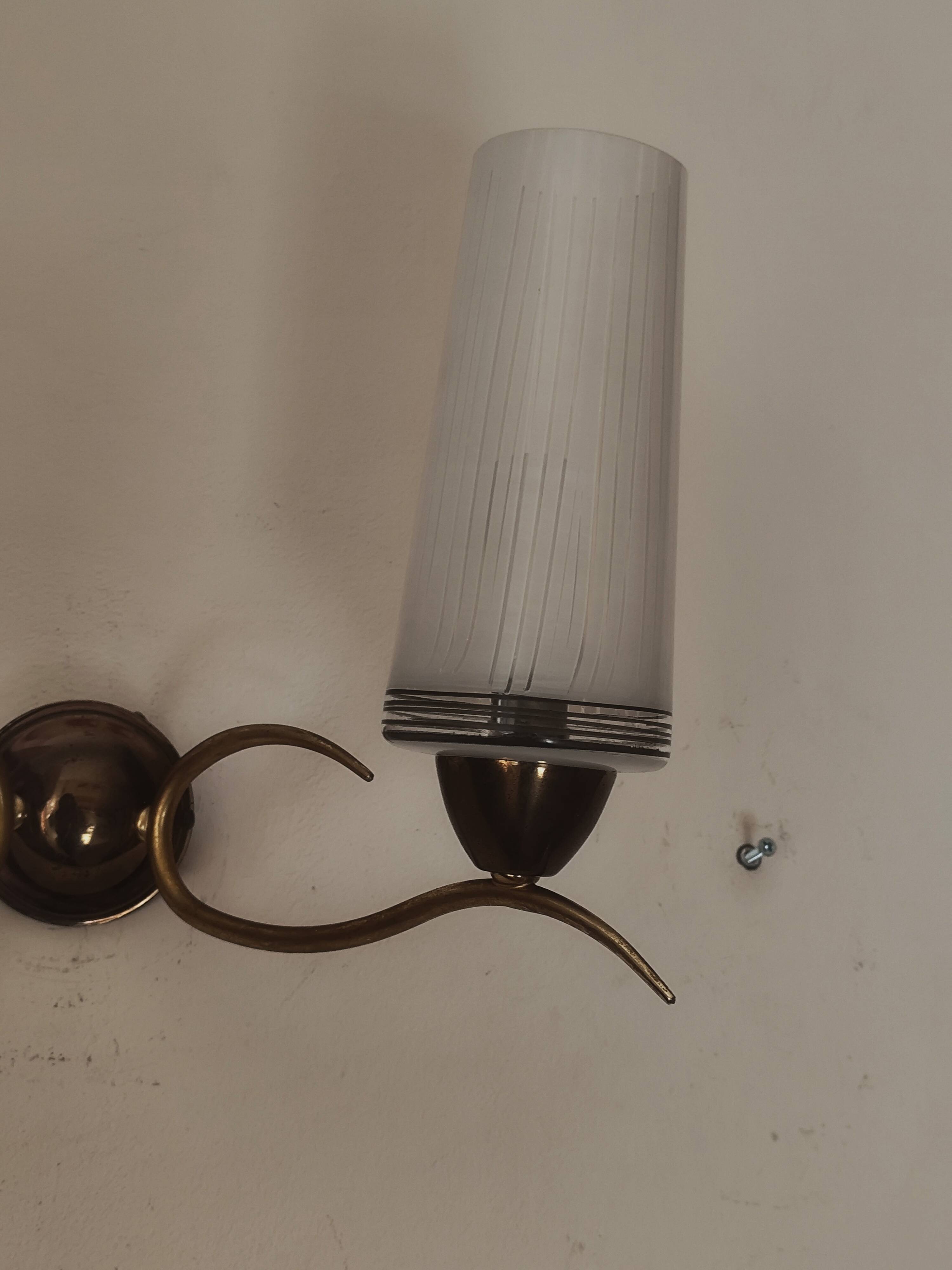 Two-light wall sconce in gilded metal with opaque glass shades, 1950/1960