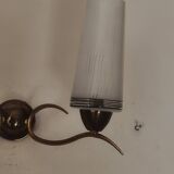 Two-light wall sconce in gilded metal with opaque glass shades, 1950/1960