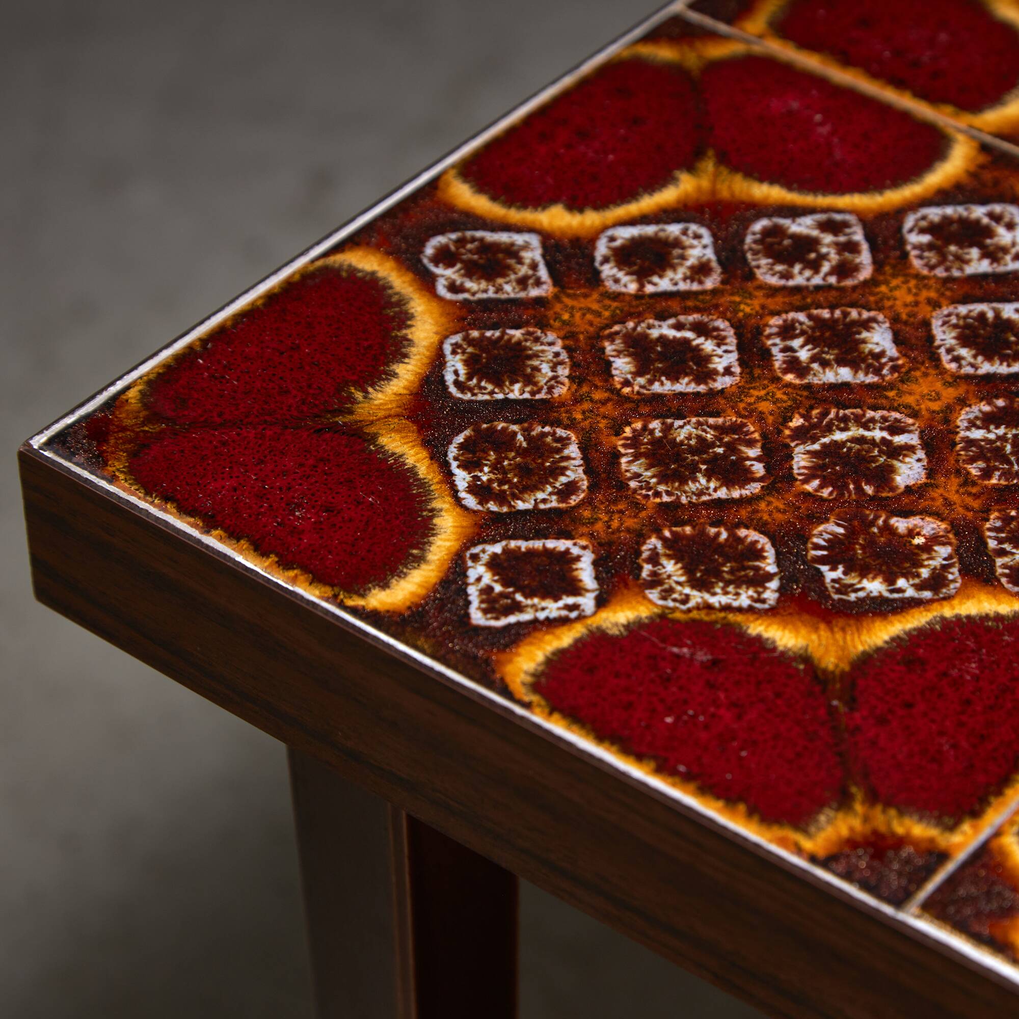 Wooden Veneer Low Side Table with Colourful Flower Ceramics Top, 1970s