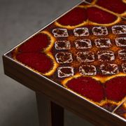 Wooden Veneer Low Side Table with Colourful Flower Ceramics Top, 1970s