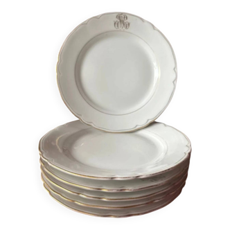 Set of 6 small antique plates in French porcelain from the early 1900s, with gold trim and the monogram M.