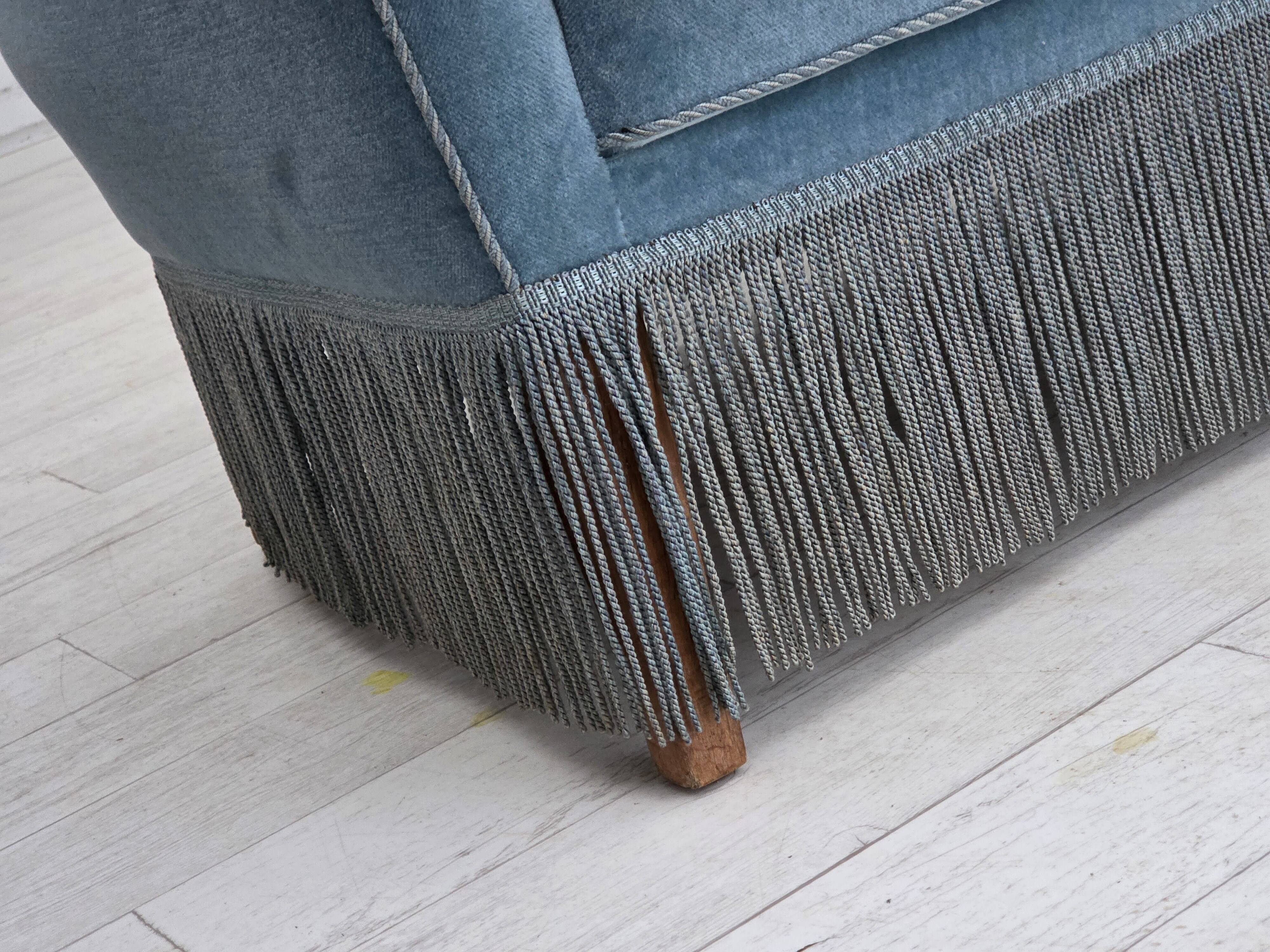 1970s, Danish 2-seater sofa, blue furniture velour, oak wood legs.