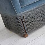 1970s, Danish 2-seater sofa, blue furniture velour, oak wood legs.