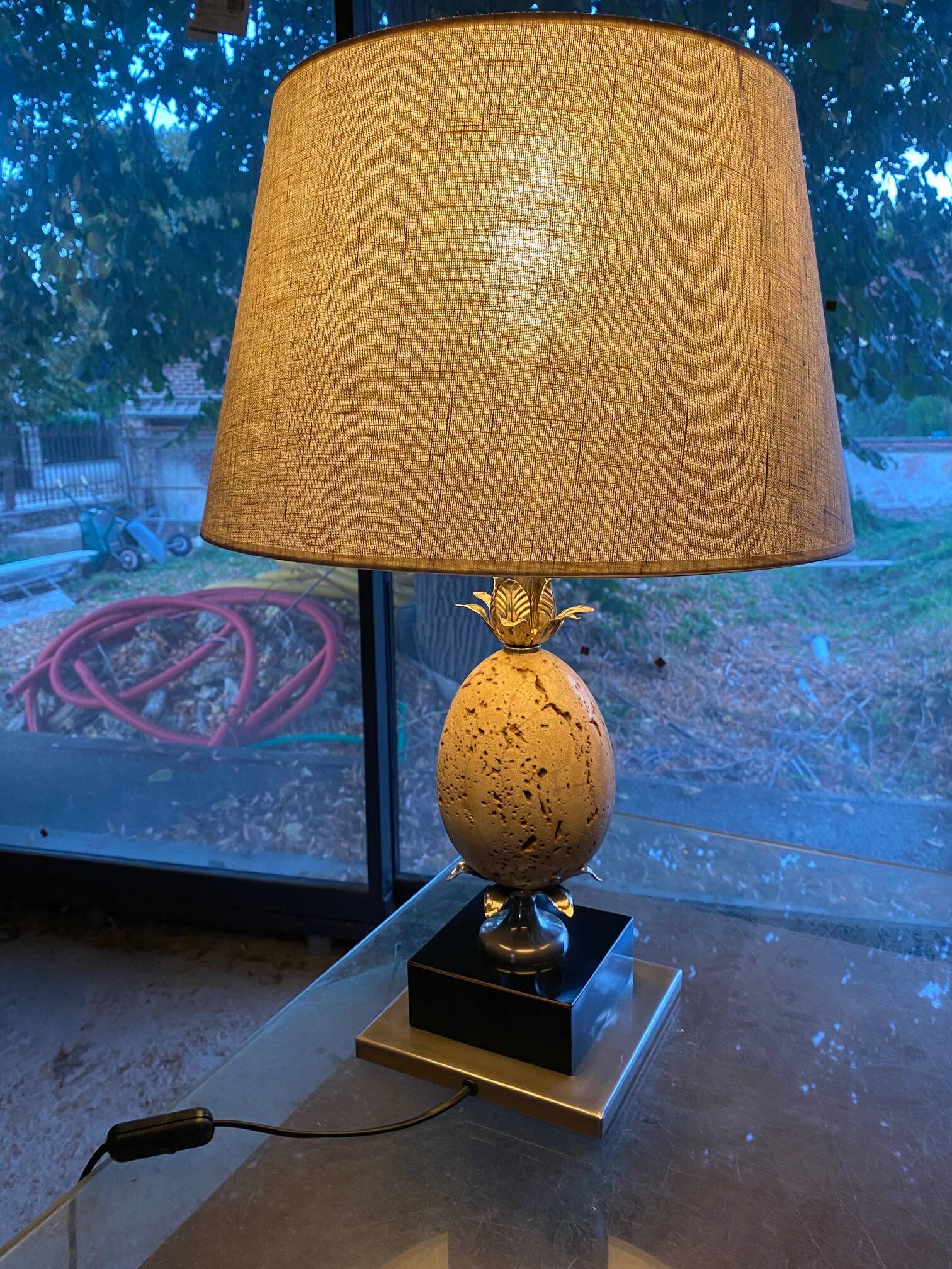 Table lamp or living room travertine and silvered metal Philippe Barbier