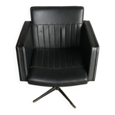 Fauteuil club pivotant noir en skaï avec piètement métal doré, République tchèque 1960s