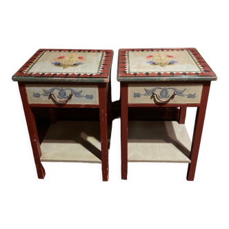 Hand-painted vintage Swiss bedside tables