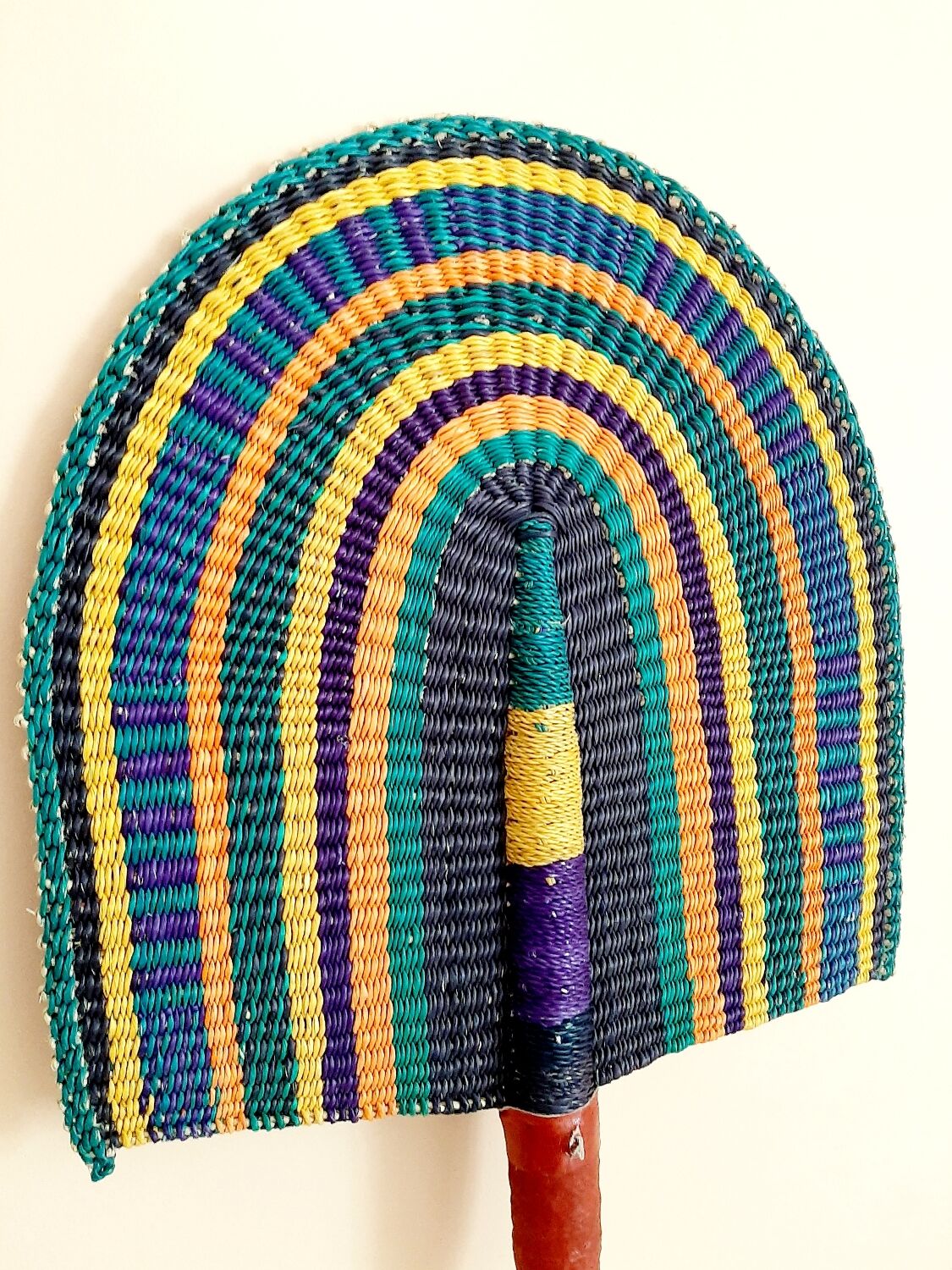 Bolga African fan, woven purple orange yellow green black