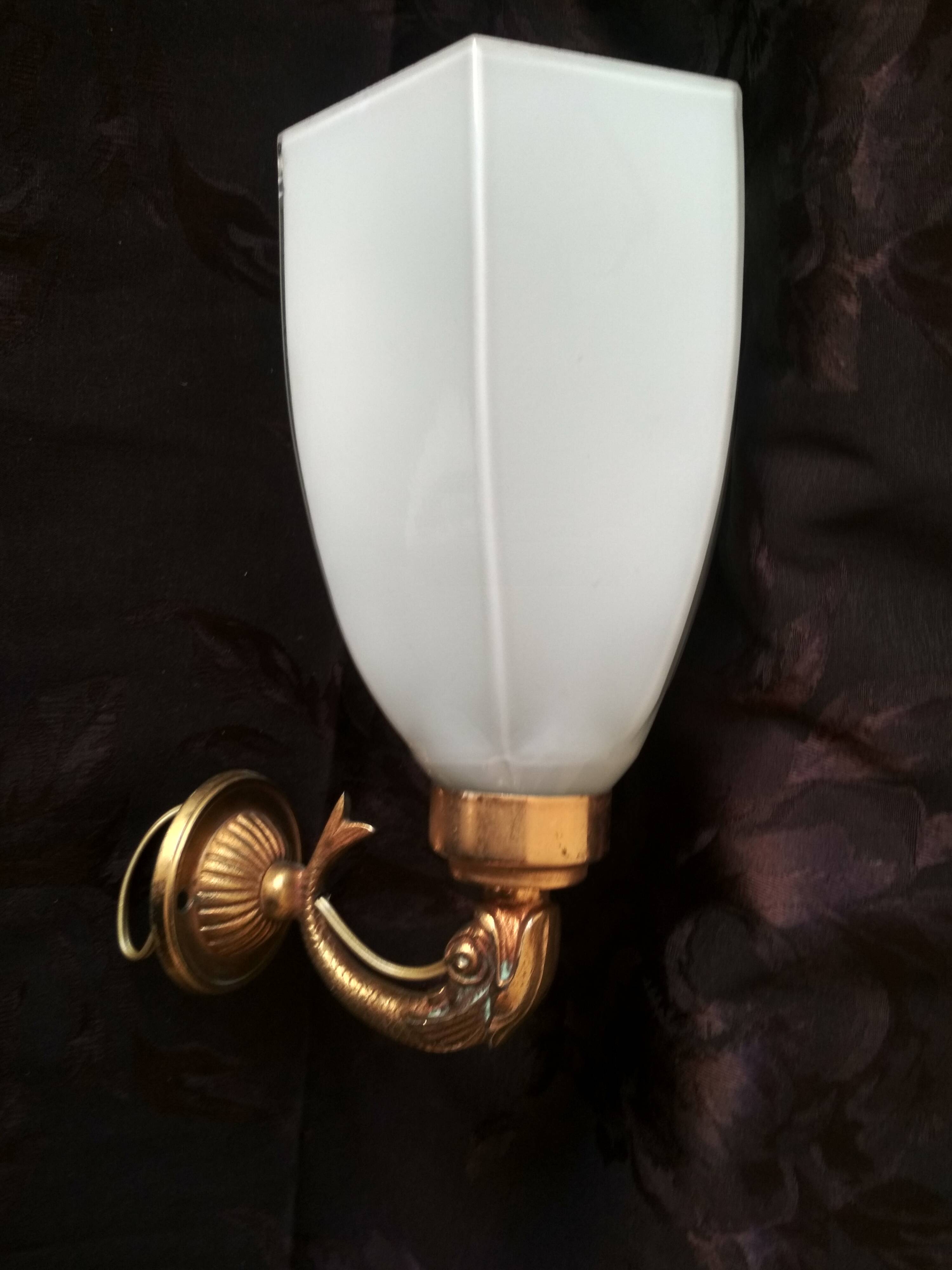 Golden brass wall light with glass tulip - dolphin pattern bathroom lamp