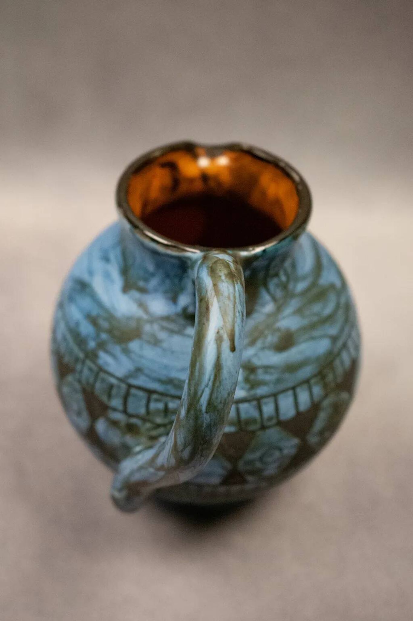 Blue ceramic pitcher with frieze by Jérôme Massier – Vallauris