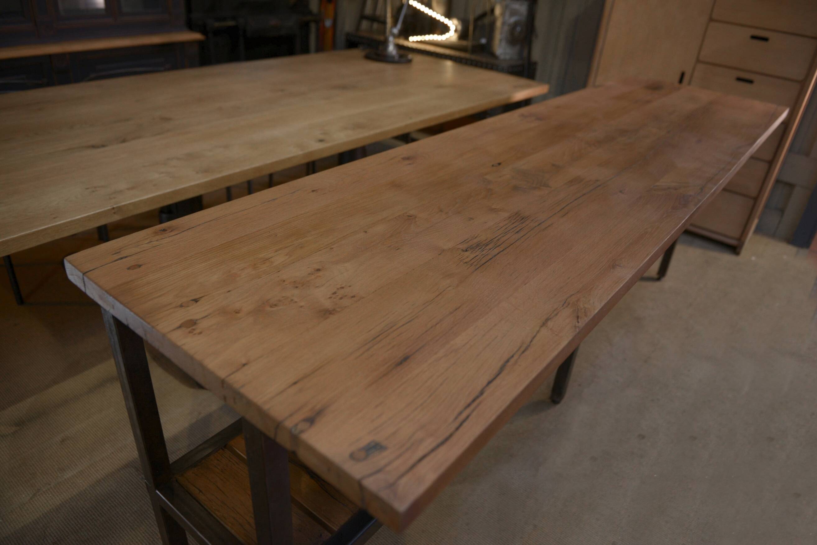 Large industrial metal console, 2 solid oak shelves