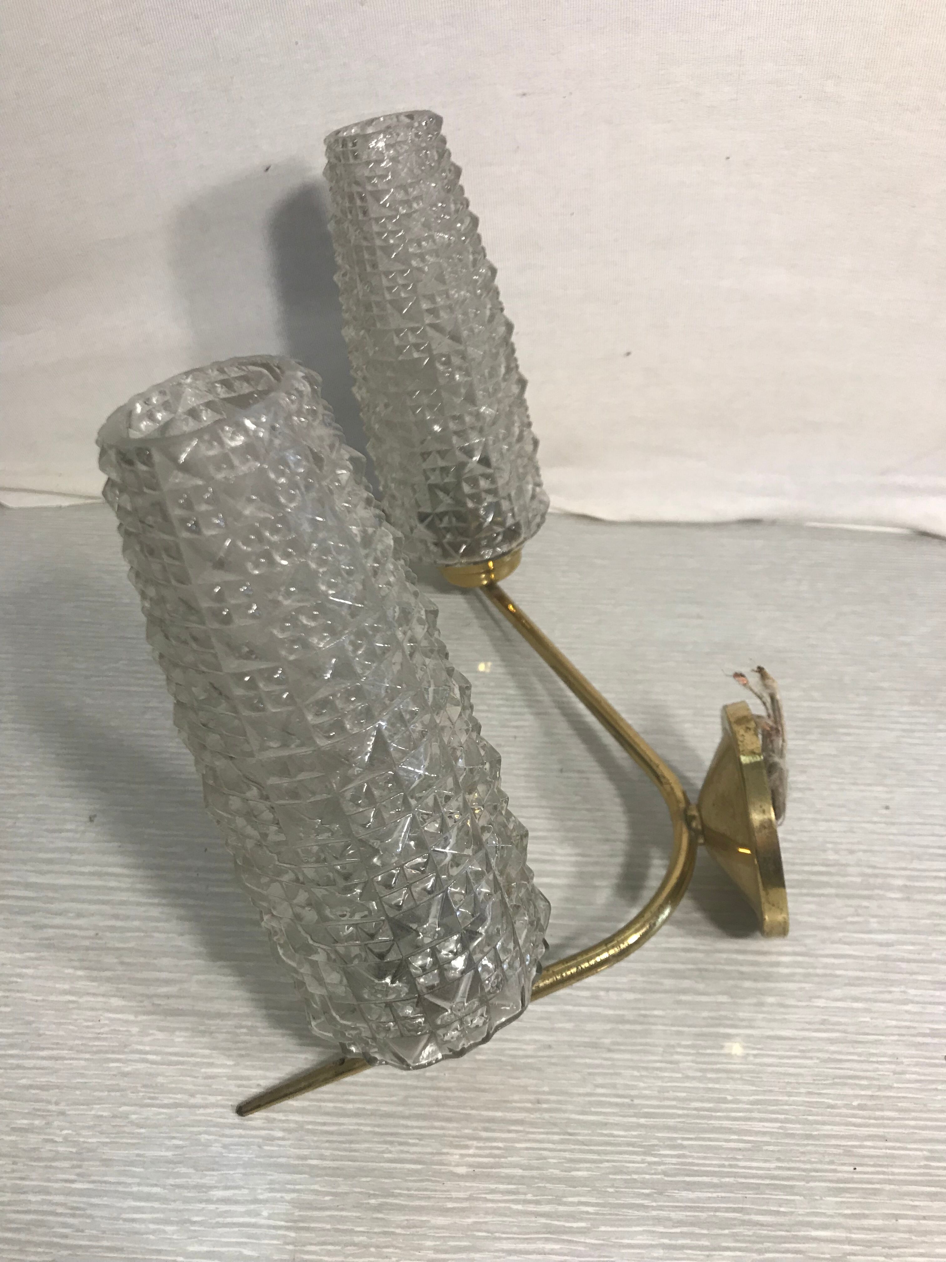 Double old glass wall light golden metal support vintage 70s