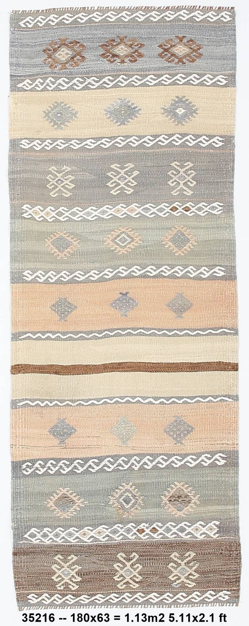 Tapis coureur vintage en kilim rayé vert clair, 63x180 cm