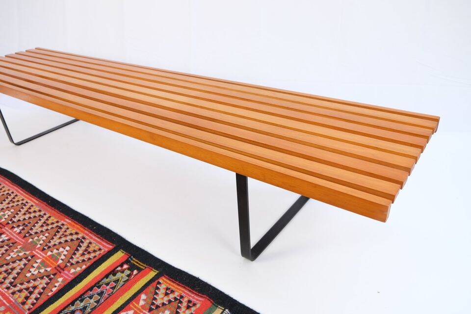 Bench in 60s-70s style, slatted bench, low seat, retro vintage style from the 60s-70s.