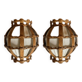 Set of 2 Danish large wood veneer and fabric wall sconces, 1970s