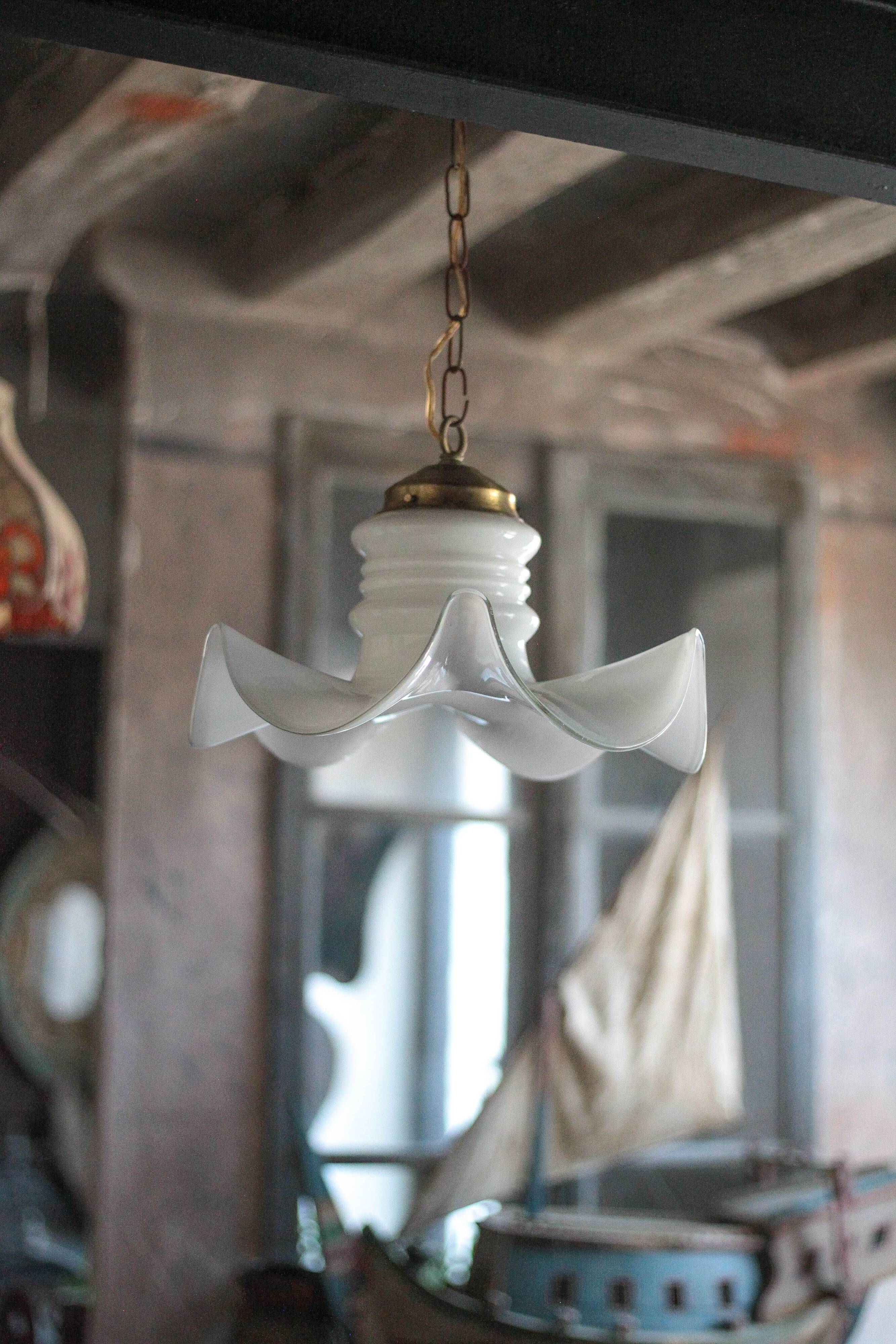 Vintage chandelier, white opaline chandelier and metal, opaline pendant, lamp