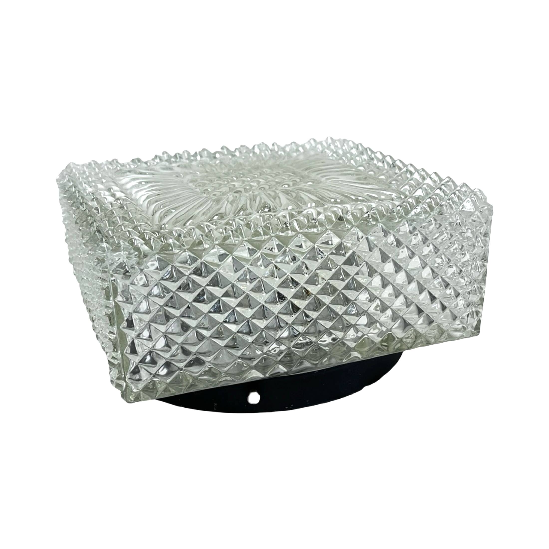 Square glass cube flush-mount light, Hillebrand (Germany), 1970s. Vintage