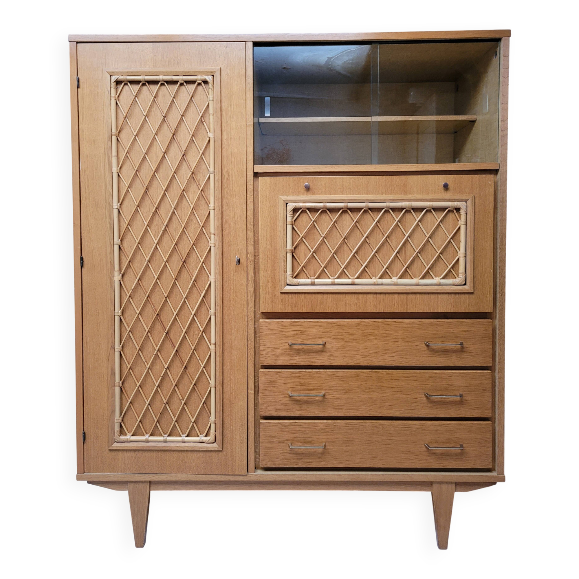 Wooden and rattan chest of drawers, 1960s