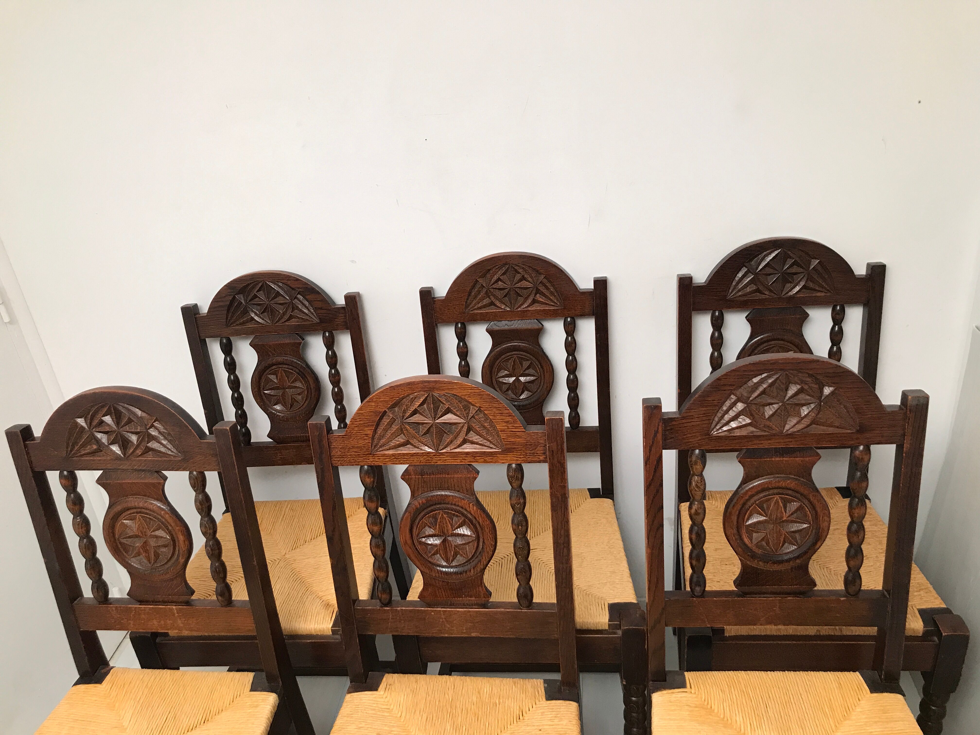 Set of 6 vintage straw and turned wood chairs