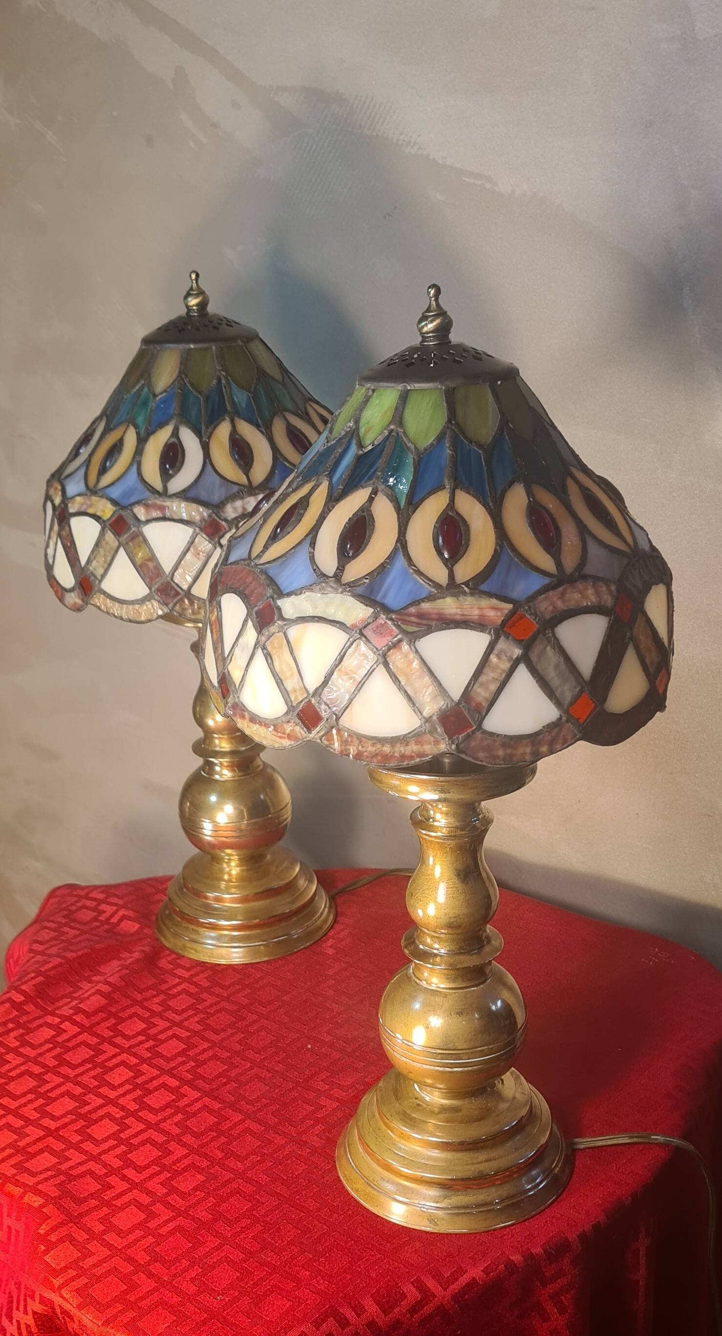 Pair of antique brass lamps, glass lampshades, 42x20, stained glass, Tiffany style.ent