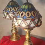 Pair of antique brass lamps, glass lampshades, 42x20, stained glass, Tiffany style.ent