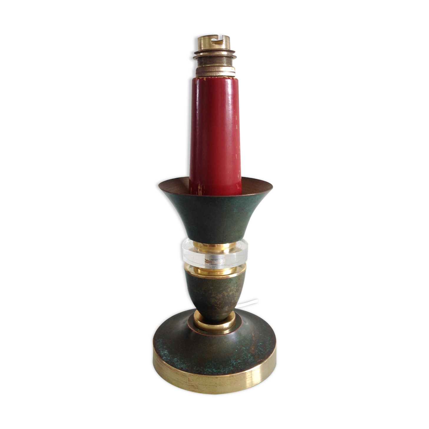Brass lamp foot and art deco style wood