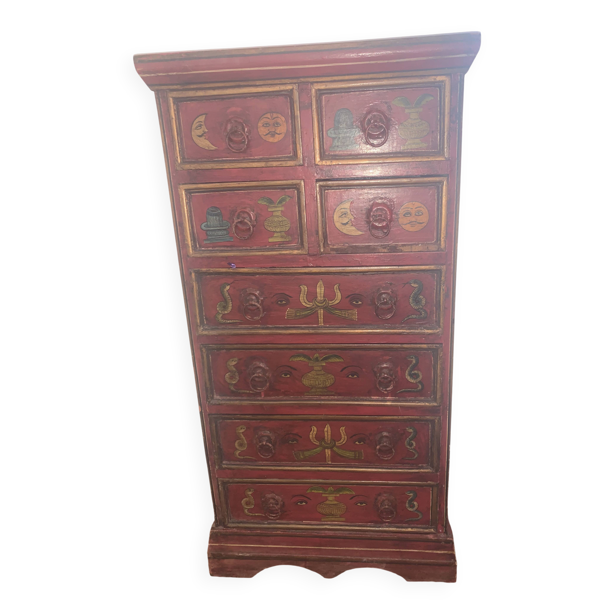 Small antique Indian piece of furniture hand-painted – tallboy / chest of drawers with 10 drawers.