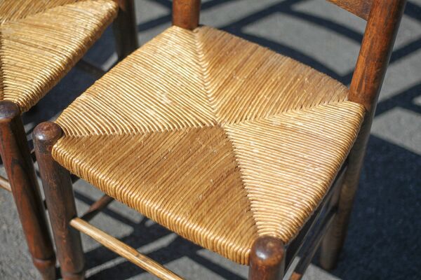 Lot de 4 chaises bois et paille, chaise bois, chaise paillée, campagne, chalet