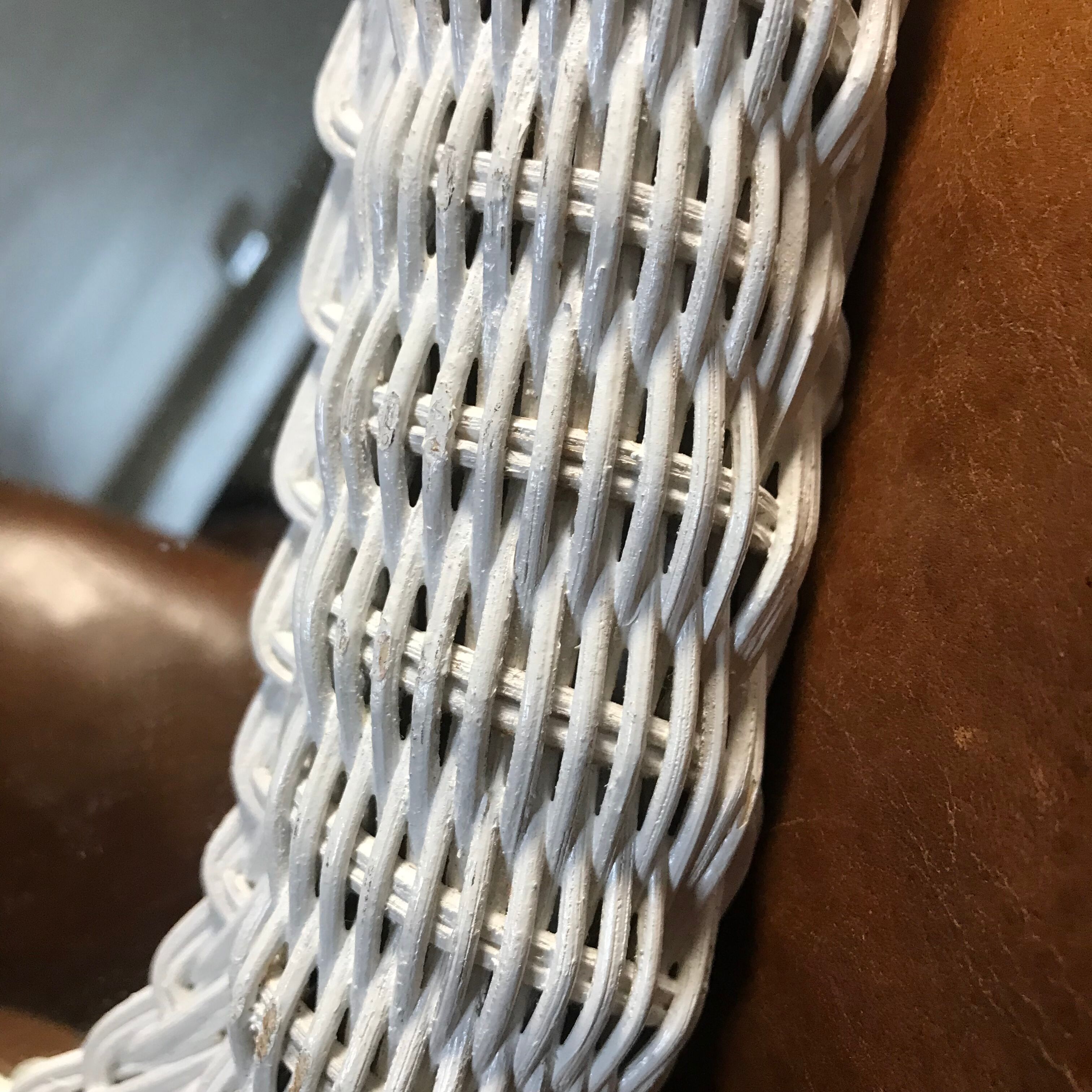 Oval mirror in vintage white woven wicker 1970