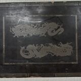 Pair of trundle tables made of black wood - tray with decoration of dragons