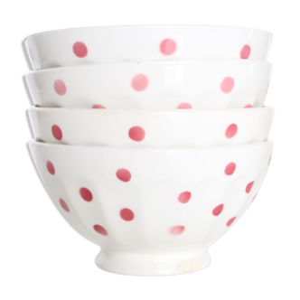 Set of 4 old bowls with pink polka dots