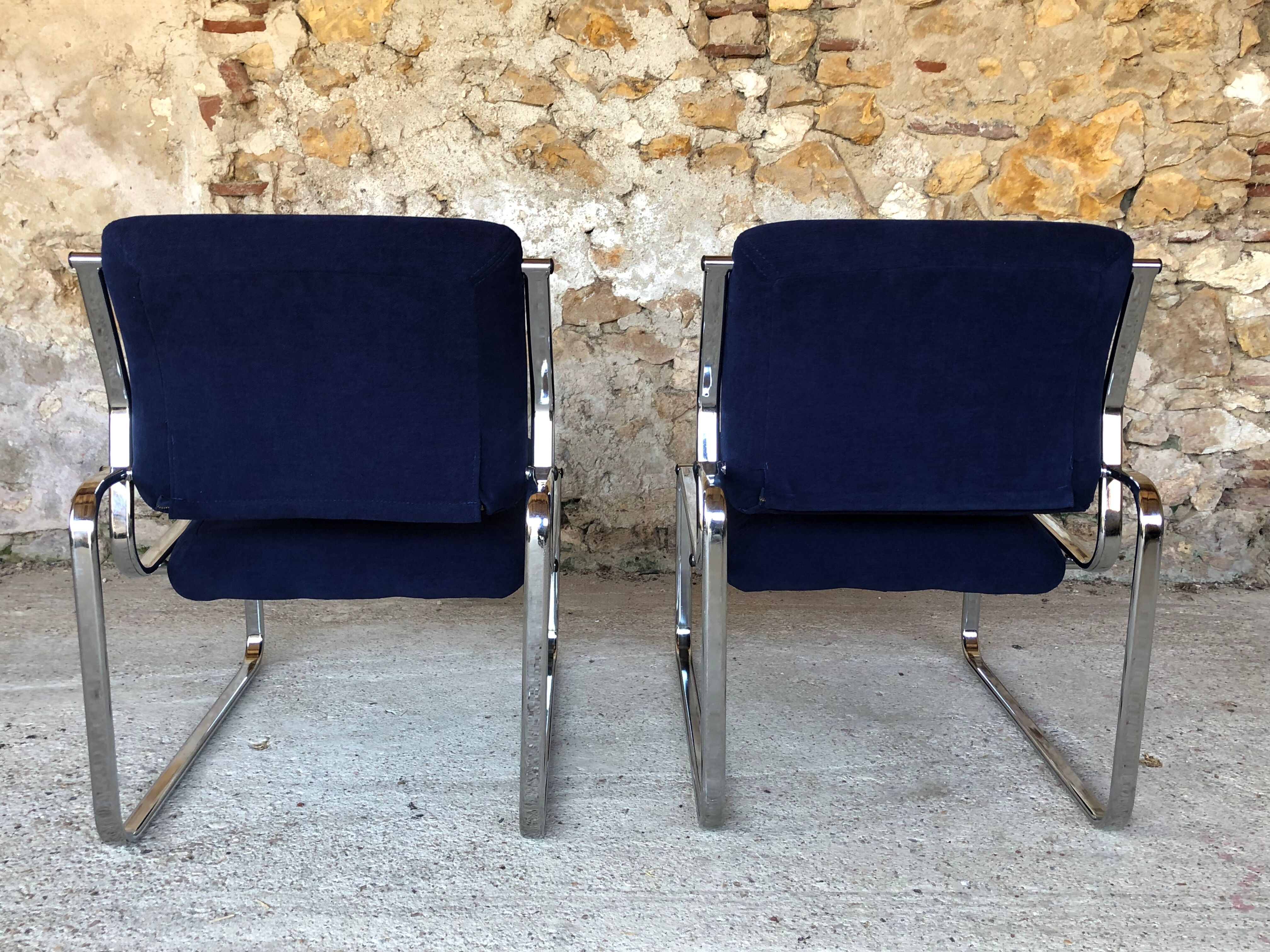 Pair of vintage chrome and blue microfibre armchairs circa 70
