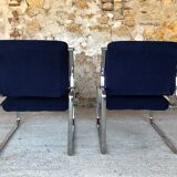 Pair of vintage chrome and blue microfibre armchairs circa 70