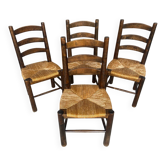 Set of 4 antique chairs georges robert brutalist wood + straw seat